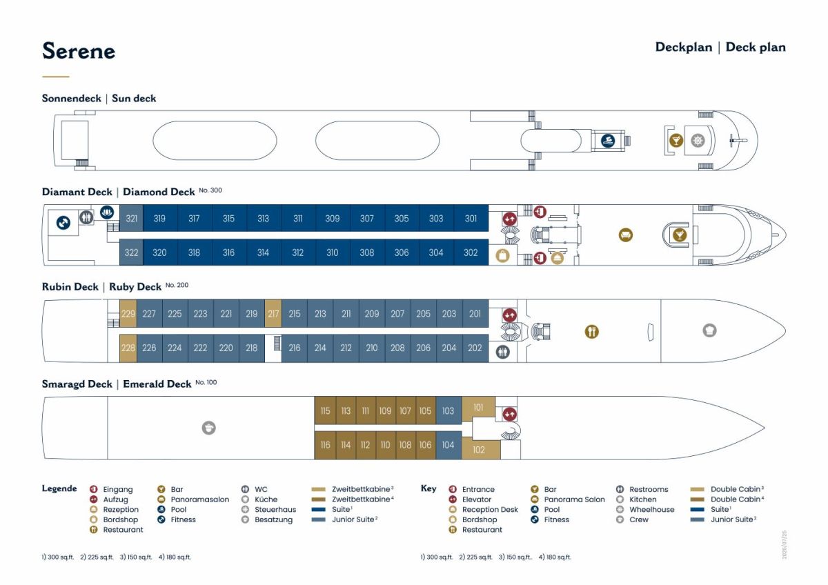 Deck plan of the river cruise ship MS Serene showing the Sun Deck, Diamond Deck, Ruby Deck, and Emerald Deck with cabin numbers, suite categories, public areas, and legend icons.